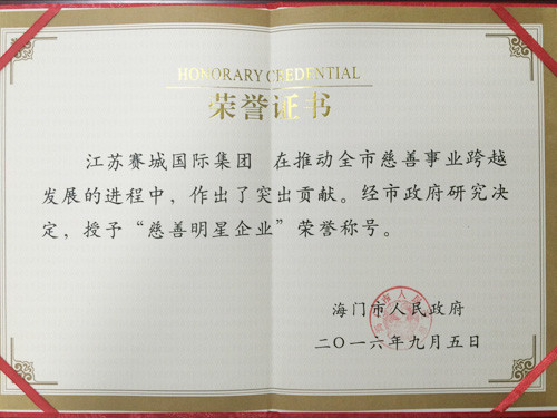 赛城集团荣获“慈善明星企业”荣誉称号
